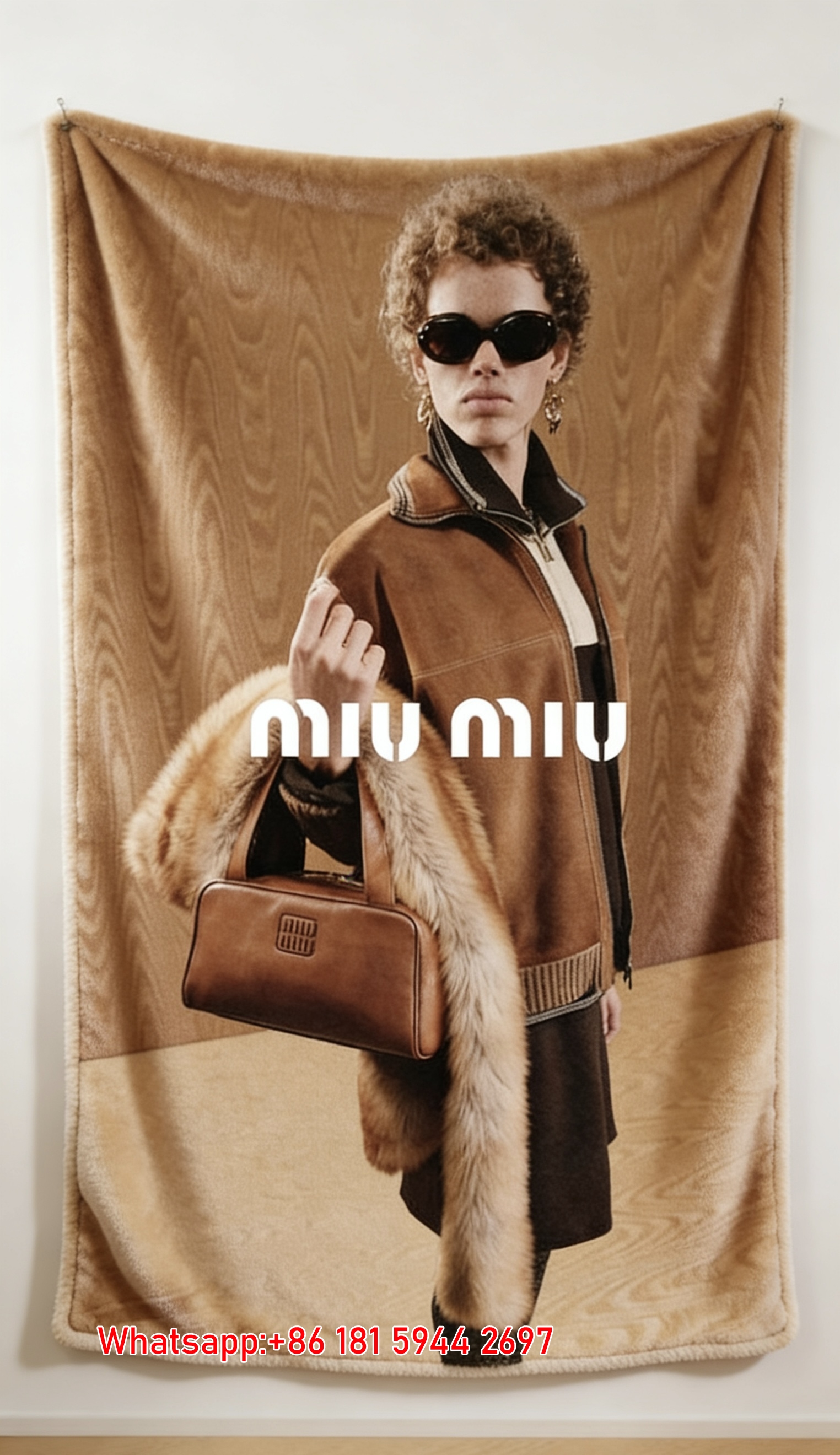 Miumiu Chocolate Brown Beige Flannel Sofa Throw Blanket – Printed Runway Bag Style IMG_0562